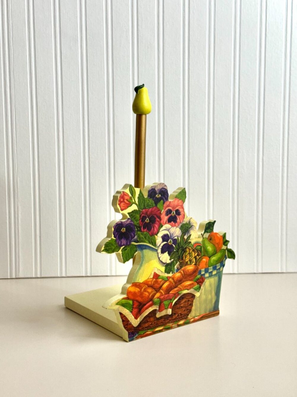 Vtg Wood Paper Towel Holder Free Standing Fruit Floral Pansies Cottagecore Decor